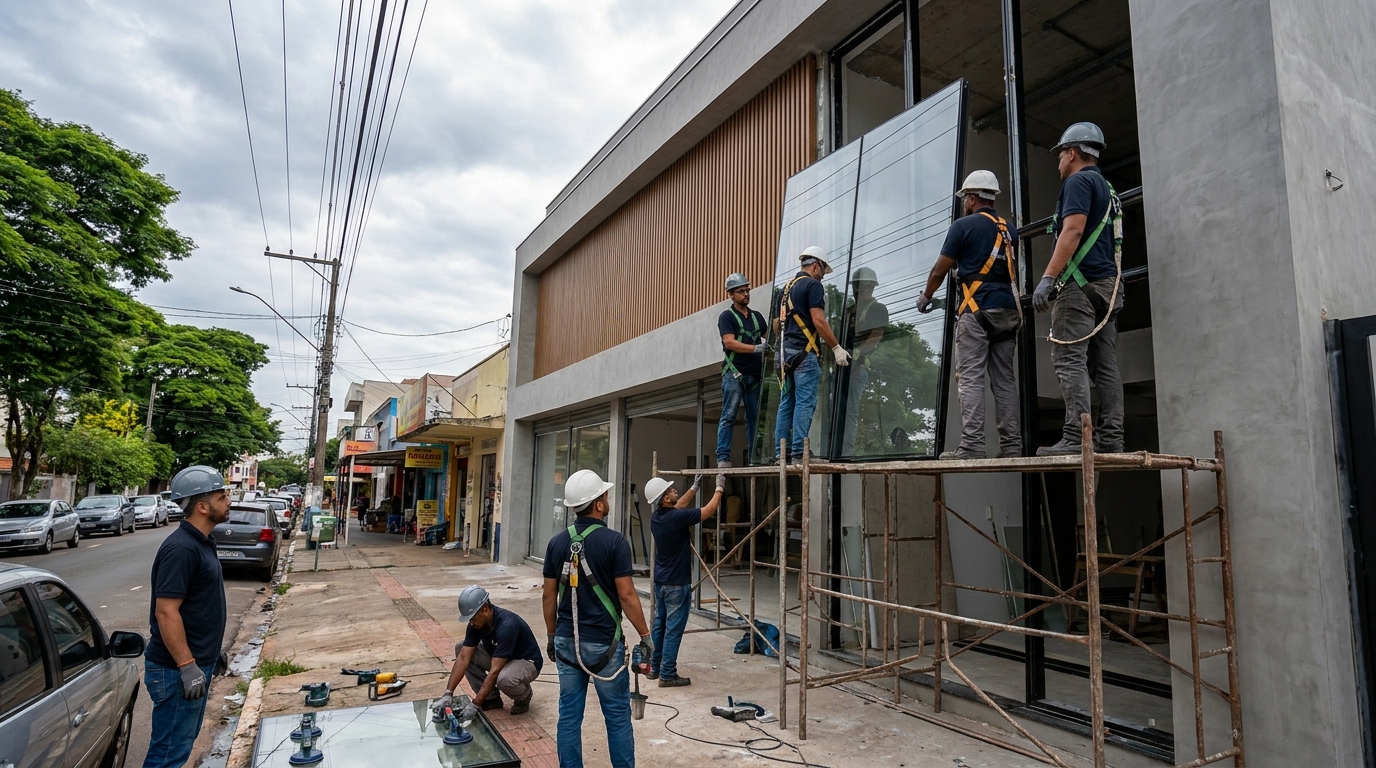 Fachada de vidro com andaime lateral em Ipatinga-MG