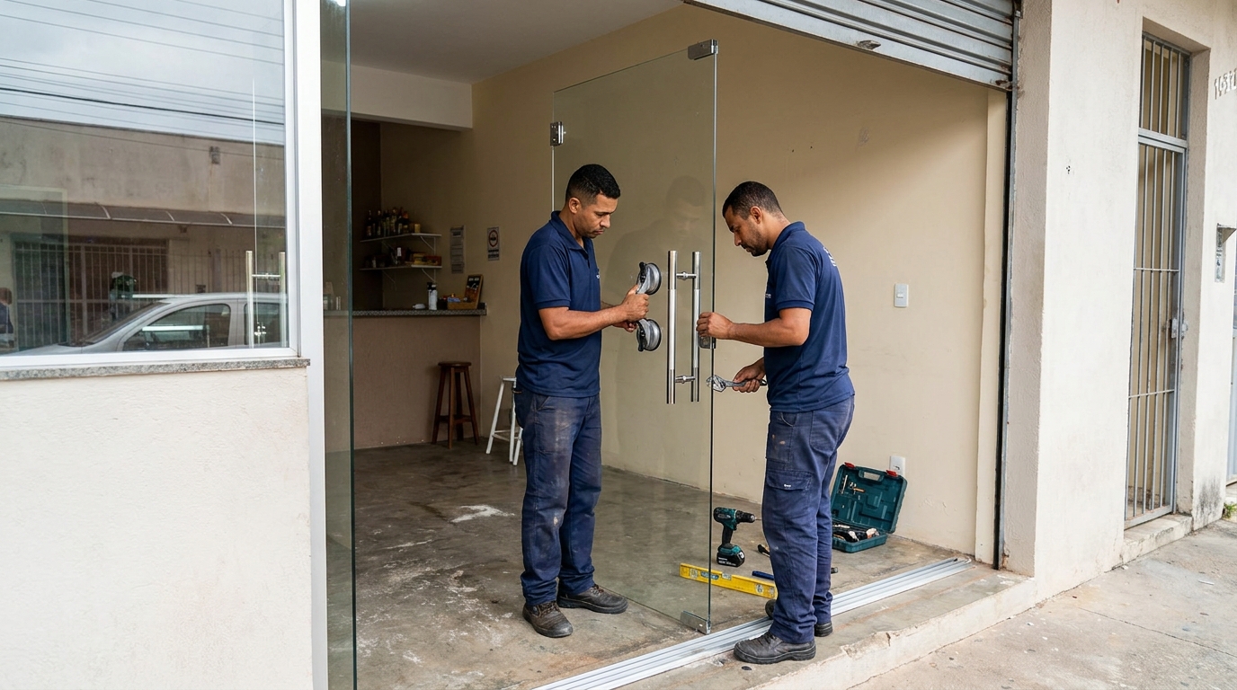 Dupla instalando porta de vidro em loja em Ipatinga-MG